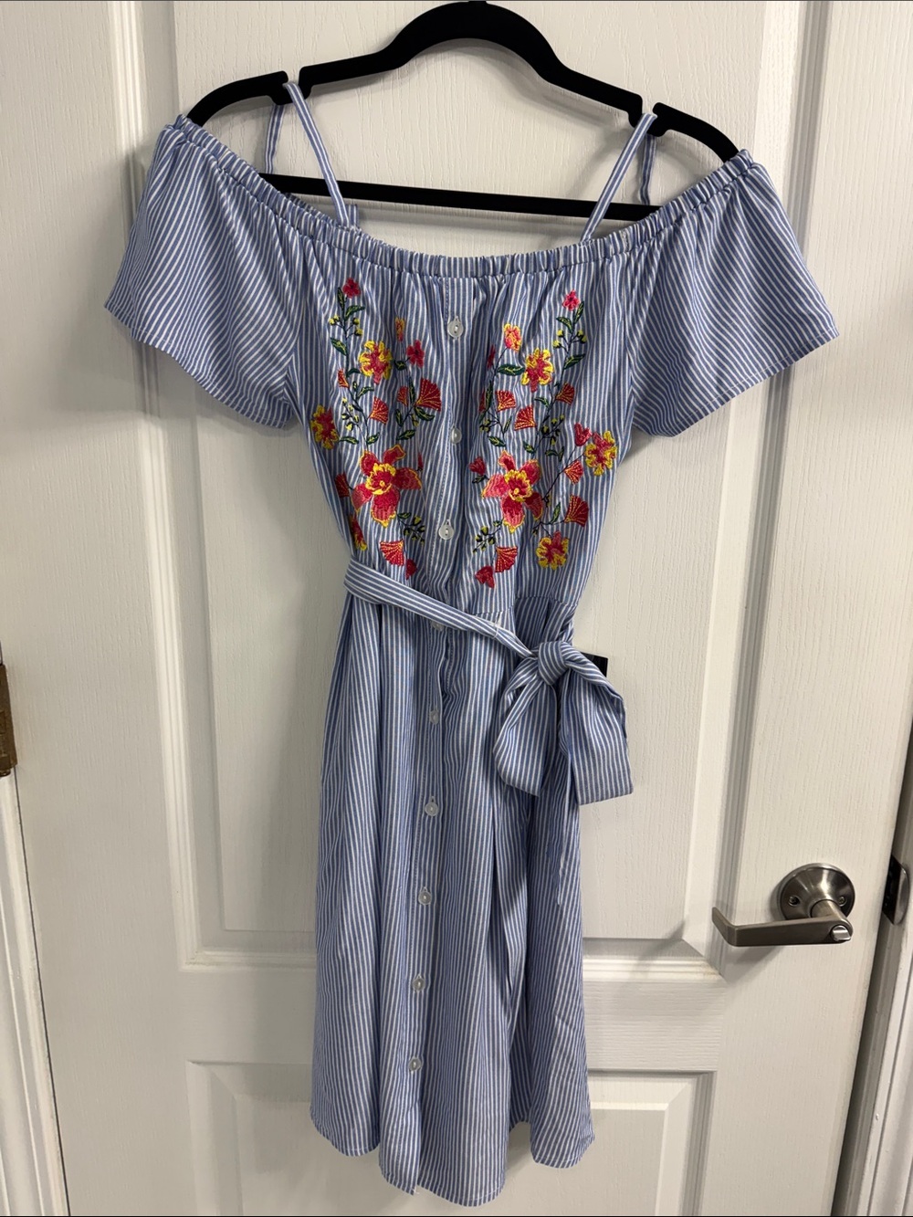 Iz Byer Light Blue JR Striped Off-Shoulder Dress  Vibrant Floral Embroidery Boho